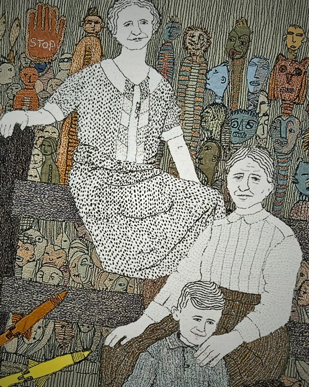 Figures surrounded by abstract, expressive faces.