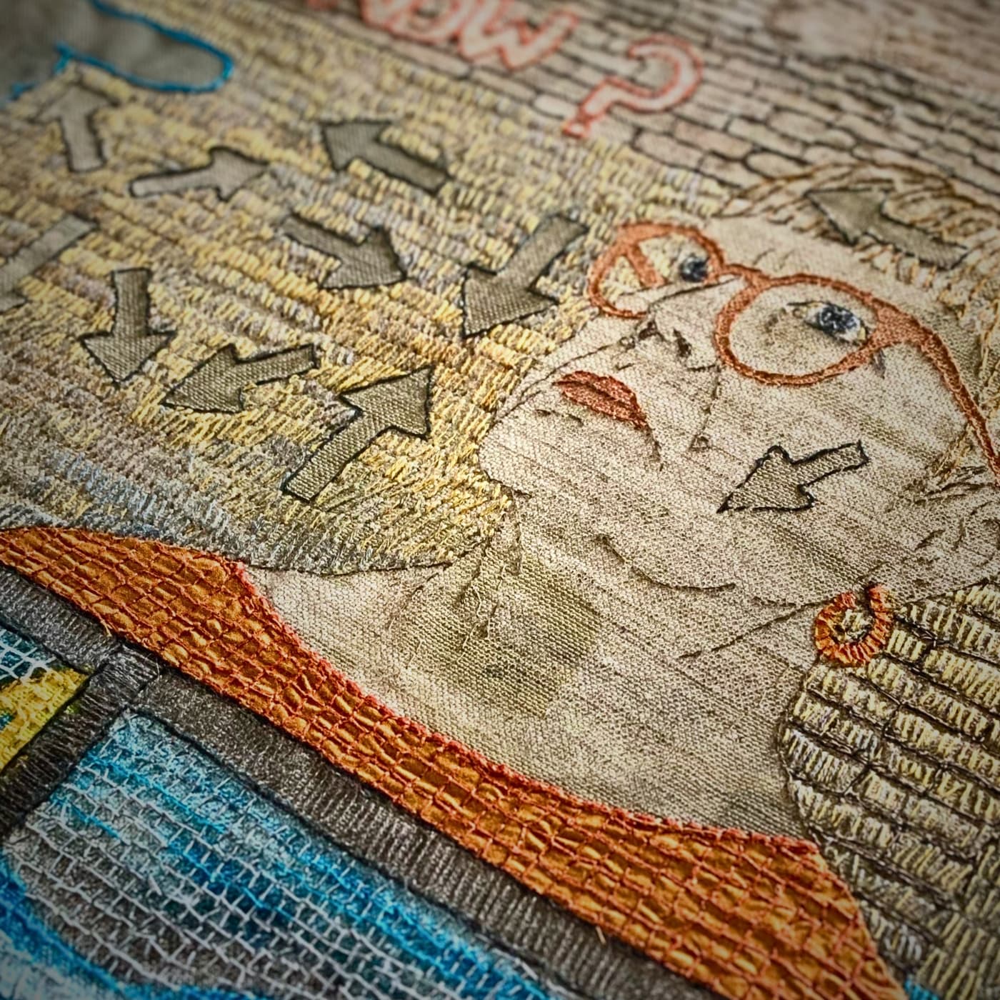 Embroidered woman pondering direction choices.