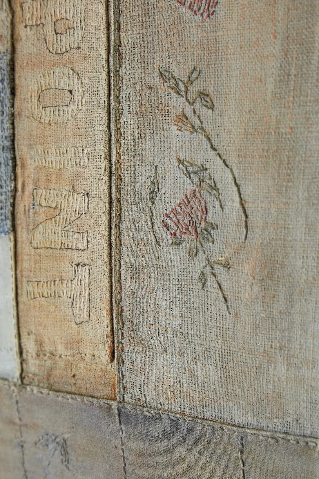 Sue Stone: From Grimsby to Greenpoint and Beyond (Detail) (photo credit Yeshen Venema), 2018, 175 x 123 cms, Materials :Linen and recycled clothing fabrics, cotton threads, InkTense pencils, acrylic paint Techniques: Hand and machine stitch, appliqué, piecing, drawing, painting