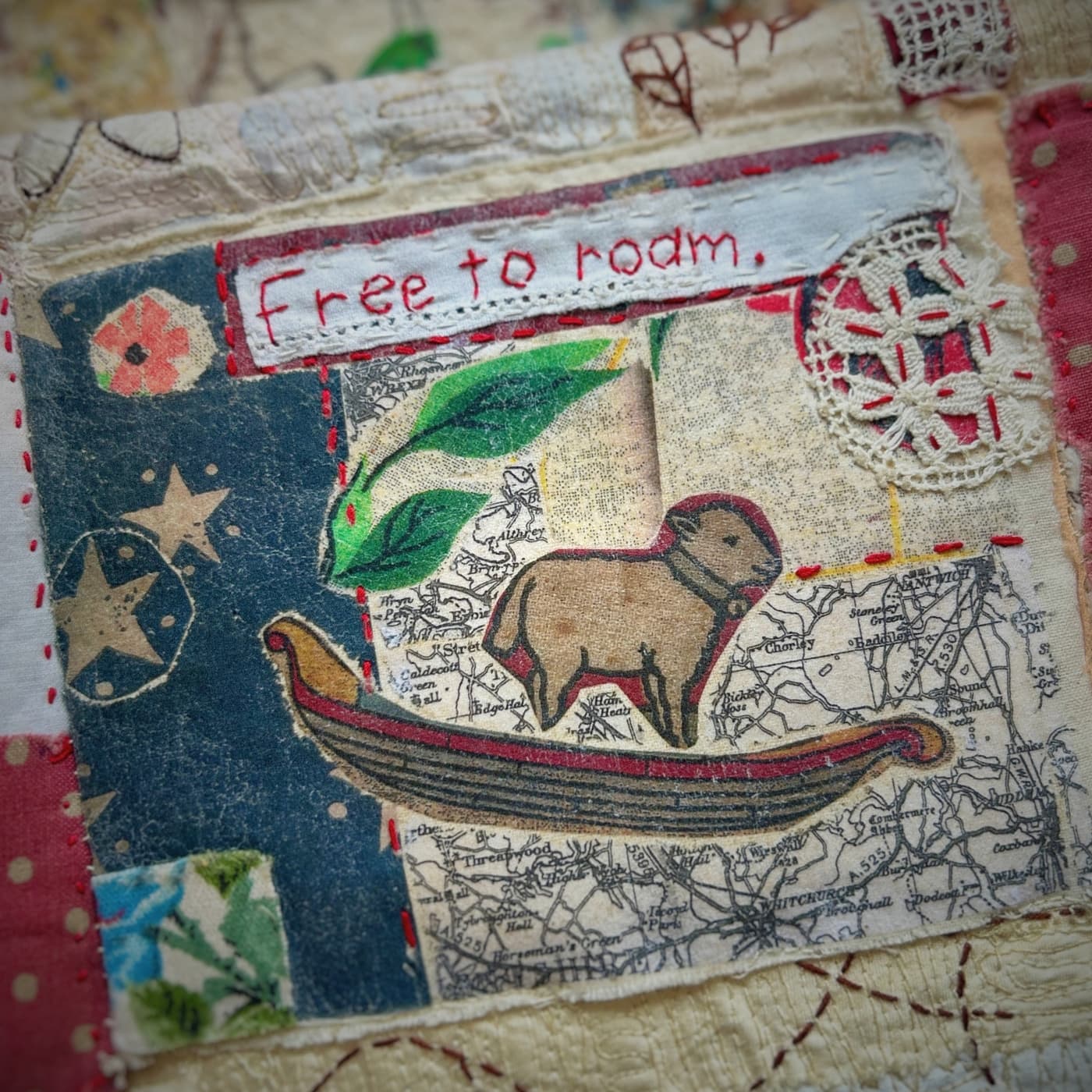 Artistic patchwork with nature themes.