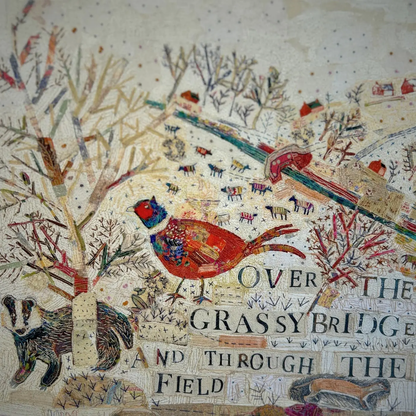 Colourful scene with birds and landscape