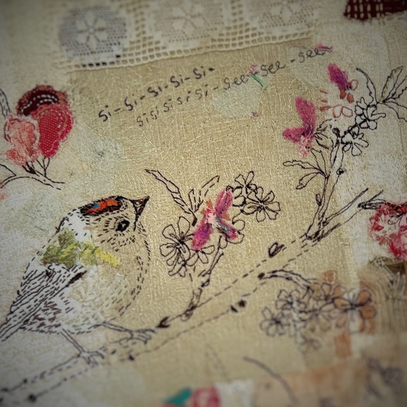 Bird perched on floral background.