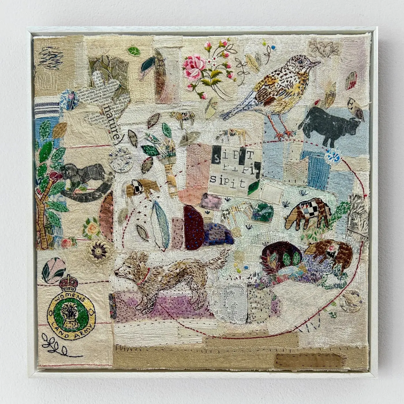Collage of animals and floral patterns.