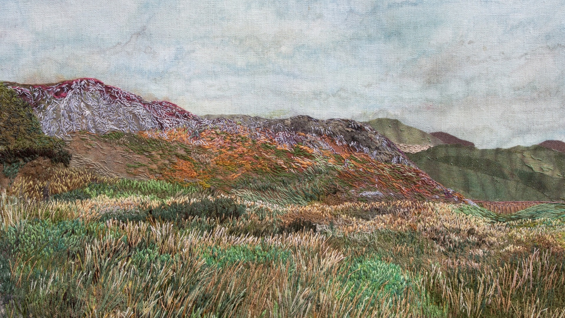 Heidi Ingram, The Clints of Dromore, 2025. 33cm x 23cm (13" x 9"). Paint, textile collage, hand stitching. Paint, fabric, thread.
