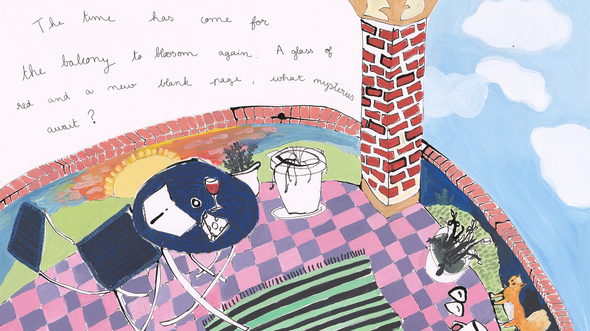 Sketch of a balcony with pink tiles and a table and chairs