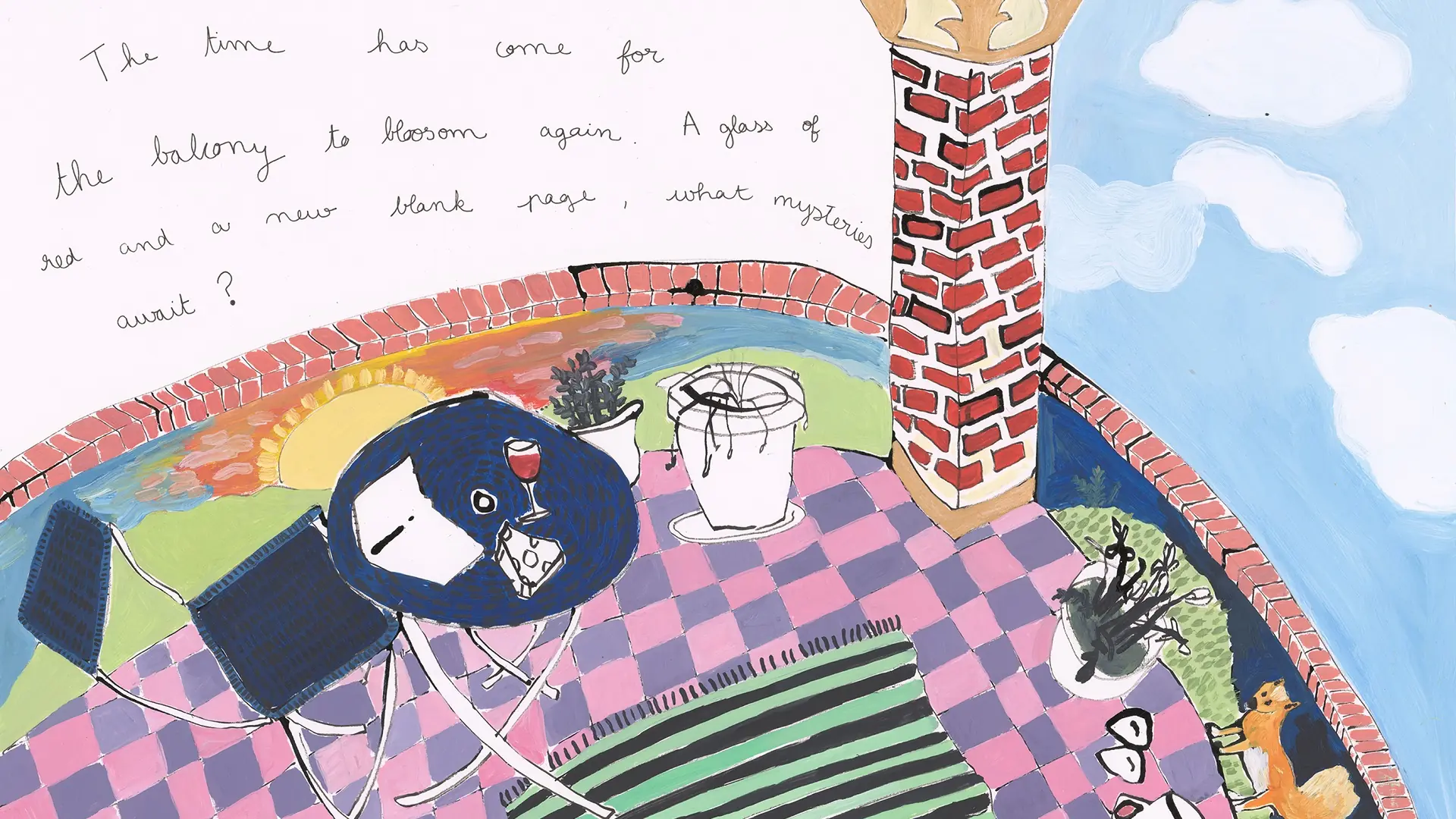 Sketch of a balcony with pink tiles and a table and chairs