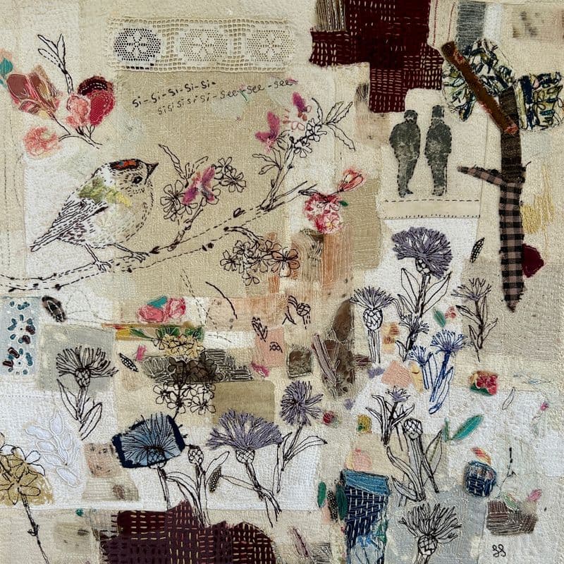 Textile collage with floral and bird motifs.