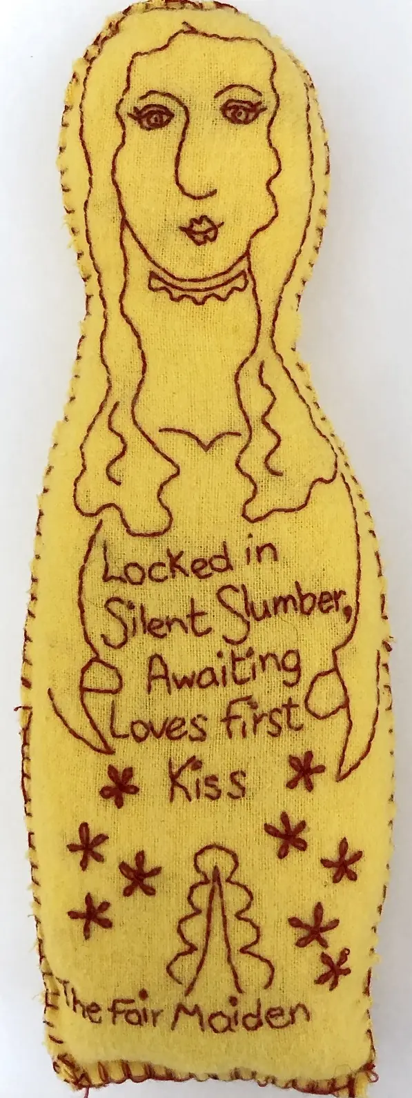 Vanessa Marr: The Fair Maiden, 2016, 5 x 18 cm, Embroidery on yellow duster 