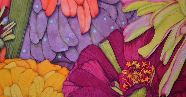 |Velda Newman quilt artist|Quilter and textile artist Velda Newman|A quilt by artist Velda Newman|Velda Newman takes inspiration from nature to create vibrantly coloured quilts|A quilted piece entitled Wings by Velda Newman