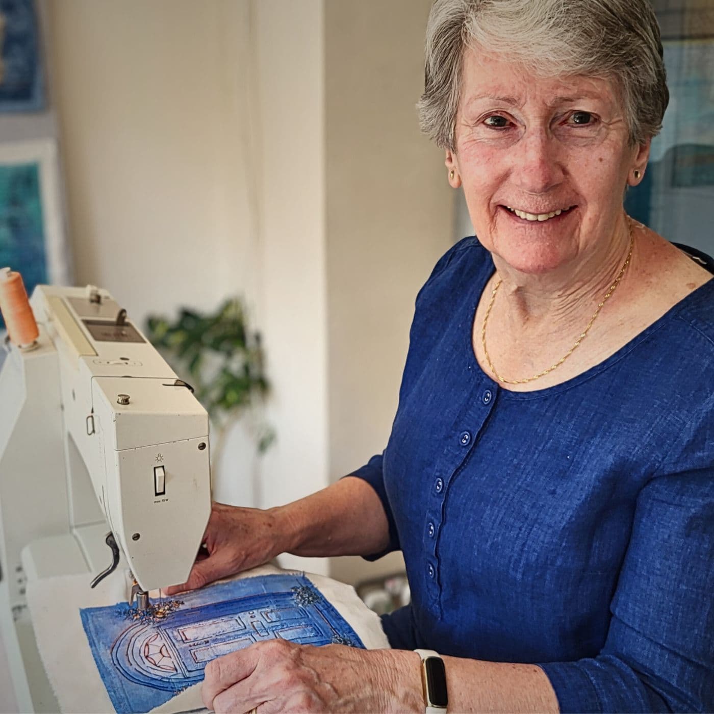 Wendy Dolan, freehand machine stitching in her studio
